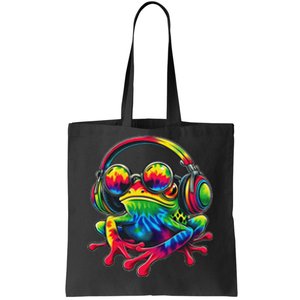 Tie Dye Frog Peace Sign Hippie Frog With Headphones Tote Bag