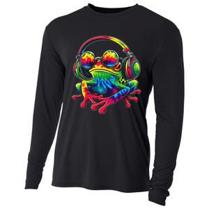 Tie Dye Frog Peace Sign Hippie Frog With Headphones Cooling Performance Long Sleeve Crew