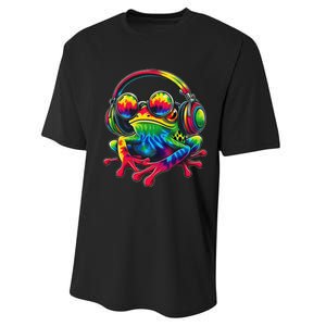 Tie Dye Frog Peace Sign Hippie Frog With Headphones Performance Sprint T-Shirt