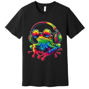 Tie Dye Frog Peace Sign Hippie Frog With Headphones Premium T-Shirt