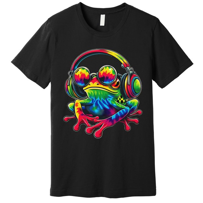 Tie Dye Frog Peace Sign Hippie Frog With Headphones Premium T-Shirt