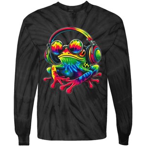 Tie Dye Frog Peace Sign Hippie Frog With Headphones Tie-Dye Long Sleeve Shirt