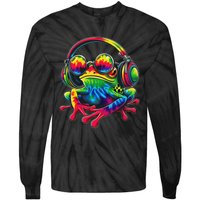 Tie Dye Frog Peace Sign Hippie Frog With Headphones Tie-Dye Long Sleeve Shirt