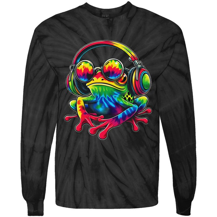 Tie Dye Frog Peace Sign Hippie Frog With Headphones Tie-Dye Long Sleeve Shirt