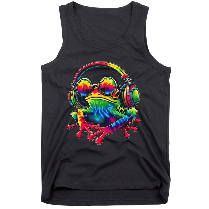 Tie Dye Frog Peace Sign Hippie Frog With Headphones Tank Top