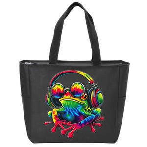 Tie Dye Frog Peace Sign Hippie Frog With Headphones Zip Tote Bag