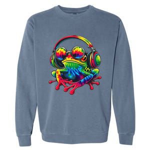 Tie Dye Frog Peace Sign Hippie Frog With Headphones Garment-Dyed Sweatshirt