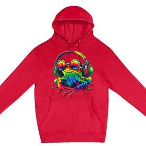 Tie Dye Frog Peace Sign Hippie Frog With Headphones Premium Pullover Hoodie