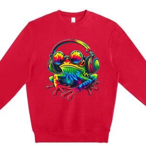 Tie Dye Frog Peace Sign Hippie Frog With Headphones Premium Crewneck Sweatshirt