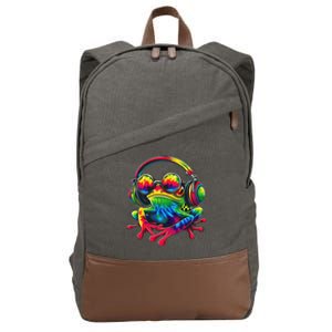 Tie Dye Frog Peace Sign Hippie Frog With Headphones Cotton Canvas Backpack