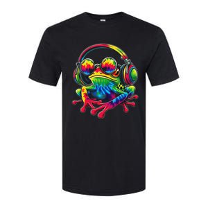 Tie Dye Frog Peace Sign Hippie Frog With Headphones Softstyle CVC T-Shirt