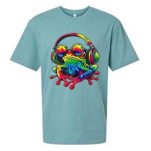 Tie Dye Frog Peace Sign Hippie Frog With Headphones Sueded Cloud Jersey T-Shirt