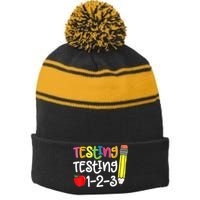 Testing Day For Teacher Testing Testing 123 Cute Test Day Stripe Pom Pom Beanie