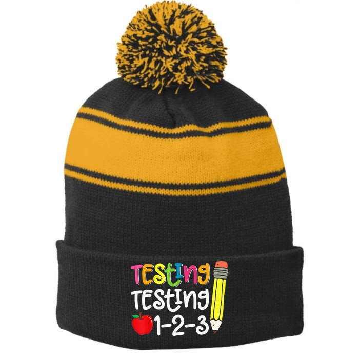 Testing Day For Teacher Testing Testing 123 Cute Test Day Stripe Pom Pom Beanie