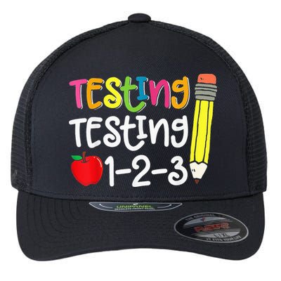 Testing Day For Teacher Testing Testing 123 Cute Test Day Flexfit Unipanel Trucker Cap