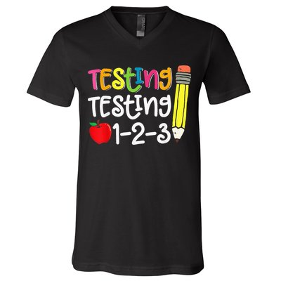 Testing Day For Teacher Testing Testing 123 Cute Test Day V-Neck T-Shirt