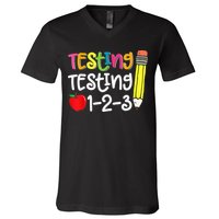 Testing Day For Teacher Testing Testing 123 Cute Test Day V-Neck T-Shirt