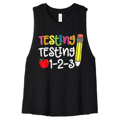 Testing Day For Teacher Testing Testing 123 Cute Test Day Women's Racerback Cropped Tank