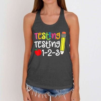 Testing Day For Teacher Testing Testing 123 Cute Test Day Women's Knotted Racerback Tank