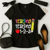 Testing Day For Teacher Testing Testing 123 Cute Test Day Women's V-Neck T-Shirt