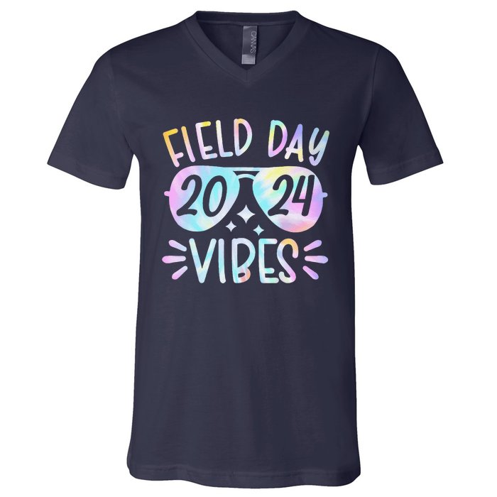 Tie Dye Field Day Vibes Funny For Teacher Field Day 2024 V-Neck T-Shirt