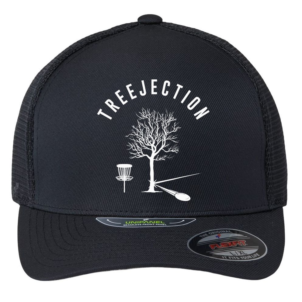 Treejection Disc Golf Funny Sports Tree Disc Golf Player Flexfit Unipanel Trucker Cap