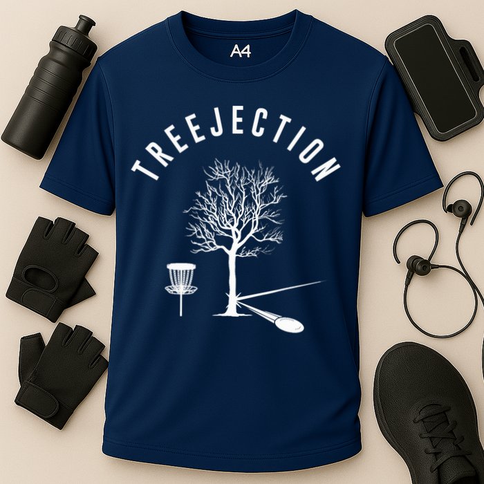 Treejection Disc Golf Funny Sports Tree Disc Golf Player Cooling Performance Crew T-Shirt