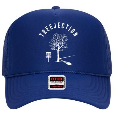 Treejection Disc Golf Funny Sports Tree Disc Golf Player High Crown Mesh Back Trucker Hat