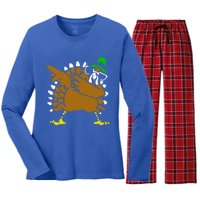 Turkey Day Gift Funny Dabbing Turkey Thanksgiving Day Gift Women's Long Sleeve Flannel Pajama Set 