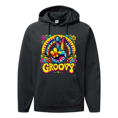 Tie Dye Groovy Peace Sign Hippie Performance Fleece Hoodie