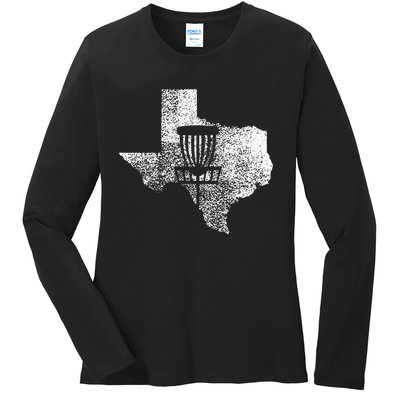 Texas Disc Golf State With Basket Distressed Ladies Long Sleeve Shirt