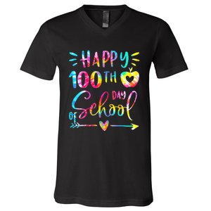 Tie Dye Happy 100th Day Of School Teacher Student 100 Days V-Neck T-Shirt