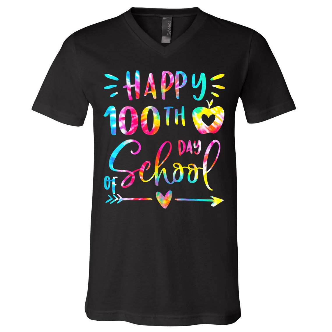 Tie Dye Happy 100th Day Of School Teacher Student 100 Days V-Neck T-Shirt