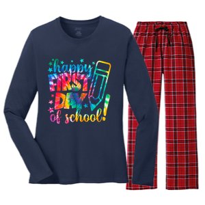 Tie Dye Happy First Day Of School Back To School Teacher Kids Women's Long Sleeve Flannel Pajama Set 