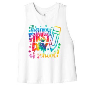 Tie Dye Happy First Day Of School Back To School Teacher Kids Women's Racerback Cropped Tank