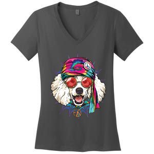 Tie Dye Hippie Poodle Hippiness Peace Love Dog Women's V-Neck T-Shirt