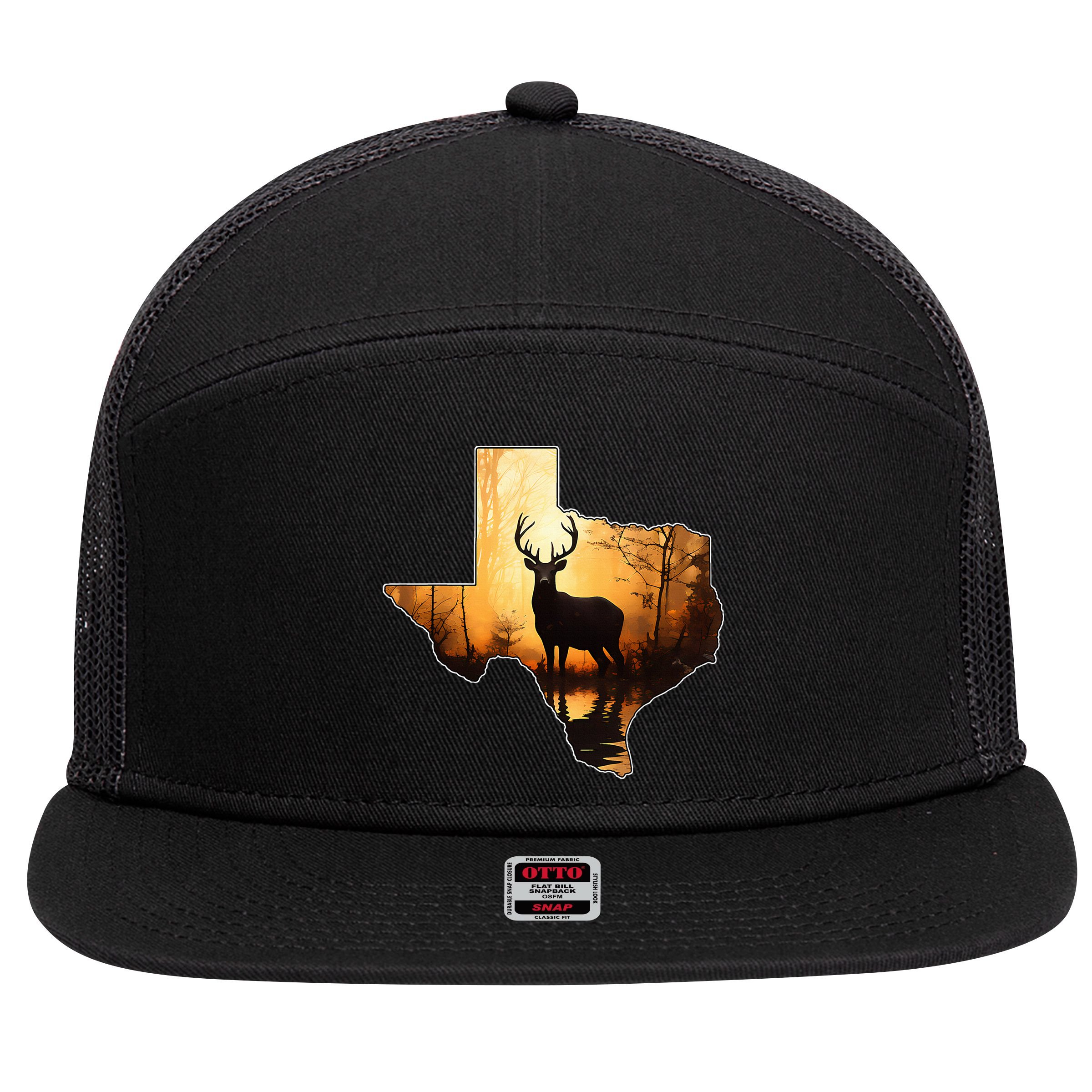 Texas Deer Hunter Forest Silhouette Texan Wildlife Lover  7 Panel Mesh Trucker Snapback Hat