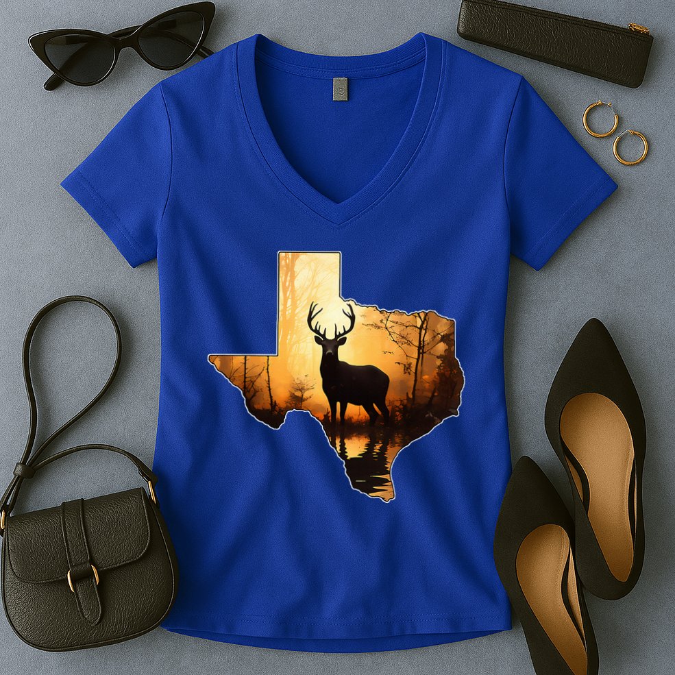 Texas Deer Hunter Forest Silhouette Texan Wildlife Lover  Women's V-Neck T-Shirt