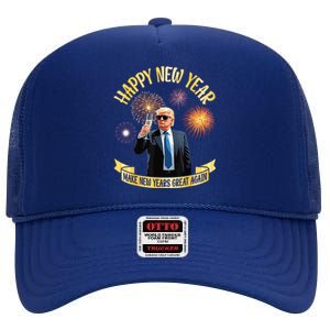 Trump Drinking Happy New Year Make New Years Great Again High Crown Mesh Back Trucker Hat