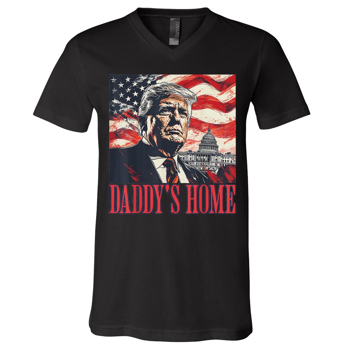 Trump Daddys Home White House Usa American Flag Vintage V-Neck T-Shirt