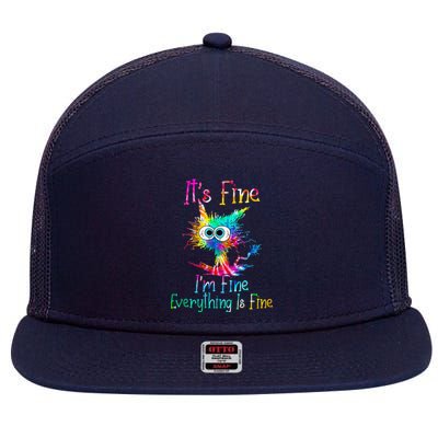 Tie Dye It's Fine I'm Fine Everything Is Fine Funny Cat 7 Panel Mesh Trucker Snapback Hat