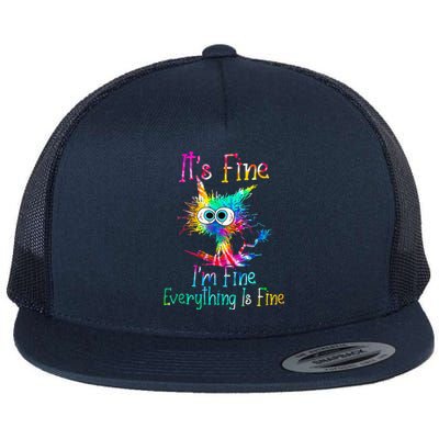 Tie Dye It's Fine I'm Fine Everything Is Fine Funny Cat Flat Bill Trucker Hat