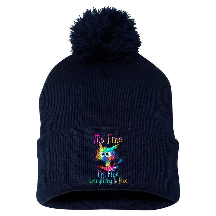 Tie Dye It's Fine I'm Fine Everything Is Fine Funny Cat Pom Pom 12in Knit Beanie