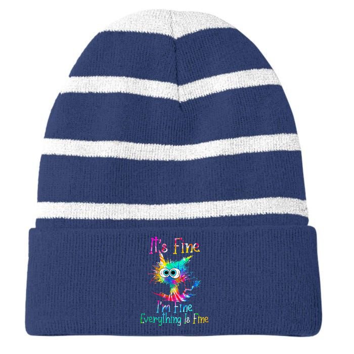 Tie Dye It's Fine I'm Fine Everything Is Fine Funny Cat Striped Beanie with Solid Band