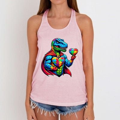 Trex Dino I Am A Warrior Autism Awareness Cute Gift Women's Knotted Racerback Tank