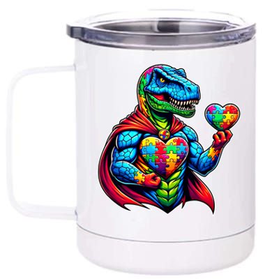 Trex Dino I Am A Warrior Autism Awareness Cute Gift 12 oz Stainless Steel Tumbler Cup