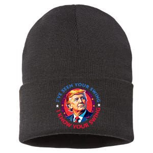 Trump Debate I’Ve Seen Your Swing I Know Your Swing Trump 2024 Quote Sustainable Knit Beanie