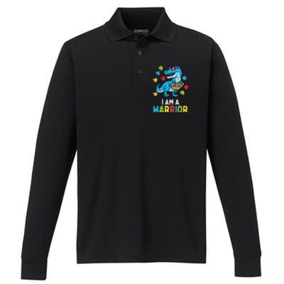 Trex Dino I Am A Warrior Autism Awareness Performance Long Sleeve Polo