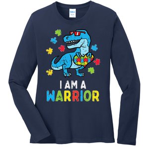 Trex Dino I Am A Warrior Autism Awareness Ladies Long Sleeve Shirt