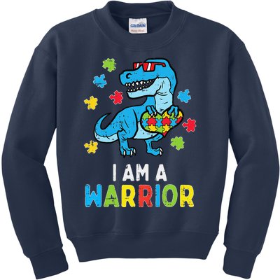 Trex Dino I Am A Warrior Autism Awareness Kids Sweatshirt